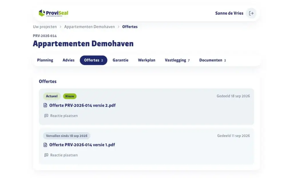 Offertes van een project in Mijn Proviseal (voorbeeldproject)
