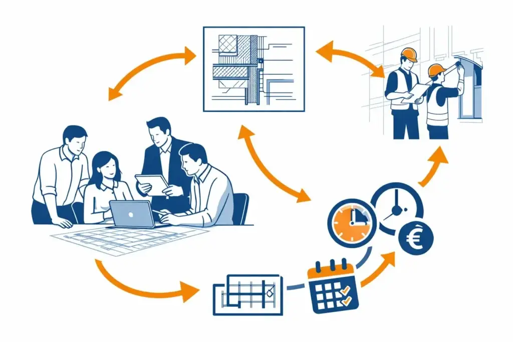 Illustratie van de afstemming tussen tekening, bouwteam en planning