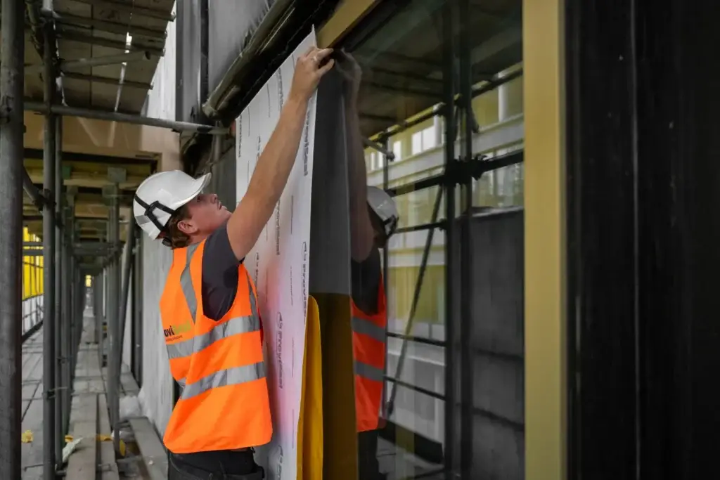 Monteur brengt Proviseal Beschermvilt aan over een kozijn op de steiger